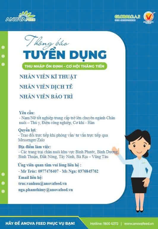 ANOVA FEED tuyển dụng nhân sự ngành Chăn nuôi - Thú y